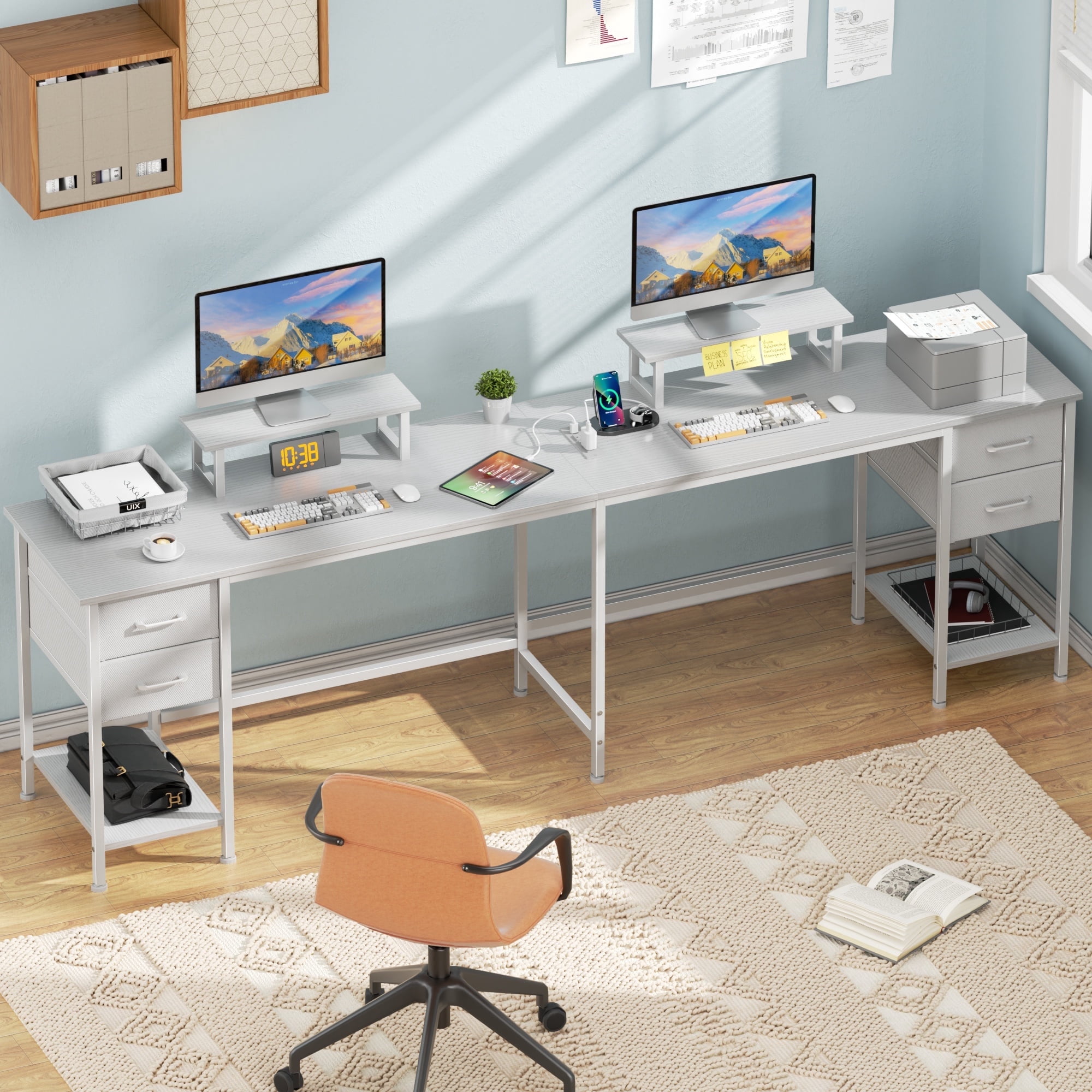 Satifur 66" L-Shaped Desk with Power Outlets, 4 Fabric Drawers & 2 Monitor Stands, Convertible Two Person Home Office Desk,White