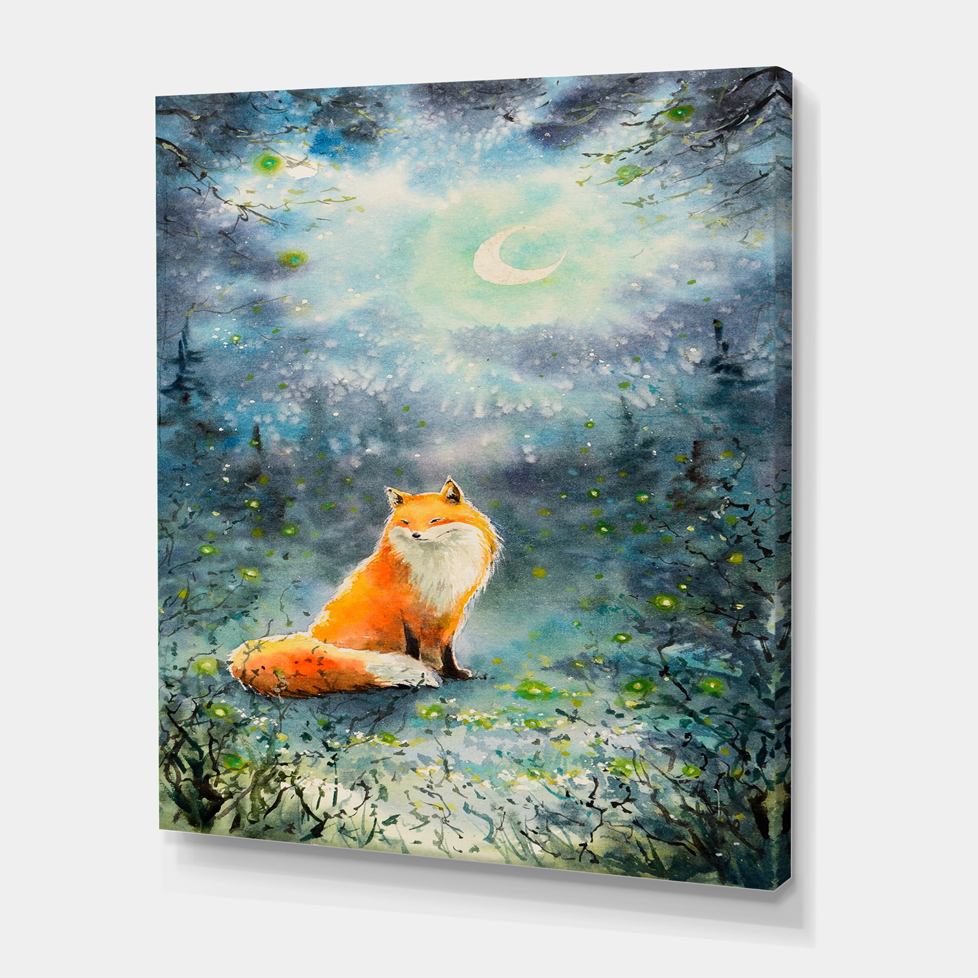 Fox Over A Night Sky With Moon 8 in x 12 in Painting Canvas Art Print, by Designart