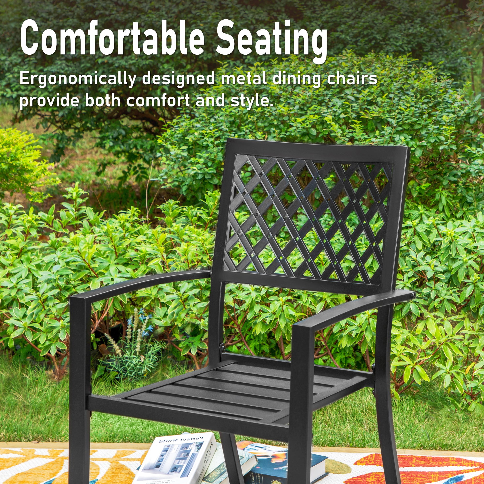MF Studio 7-Piece Outdoor Dining Set with 2 Swivel Padded Chairs, 4 Stacking Chairs &  6-Person Table with Umbrella Hole, Black & Beige