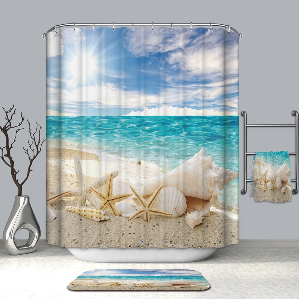 Beach Fabric Shower Curtain with 12 Hooks Blue Sea and Sky Sunshine ...