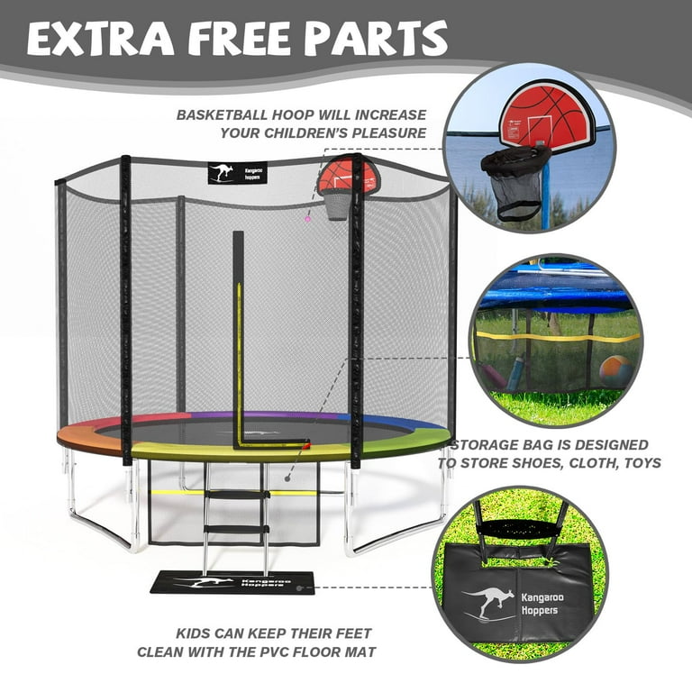 Kangaroo Hoppers 10 FT Trampoline with Safety Net, Basketball Hoop