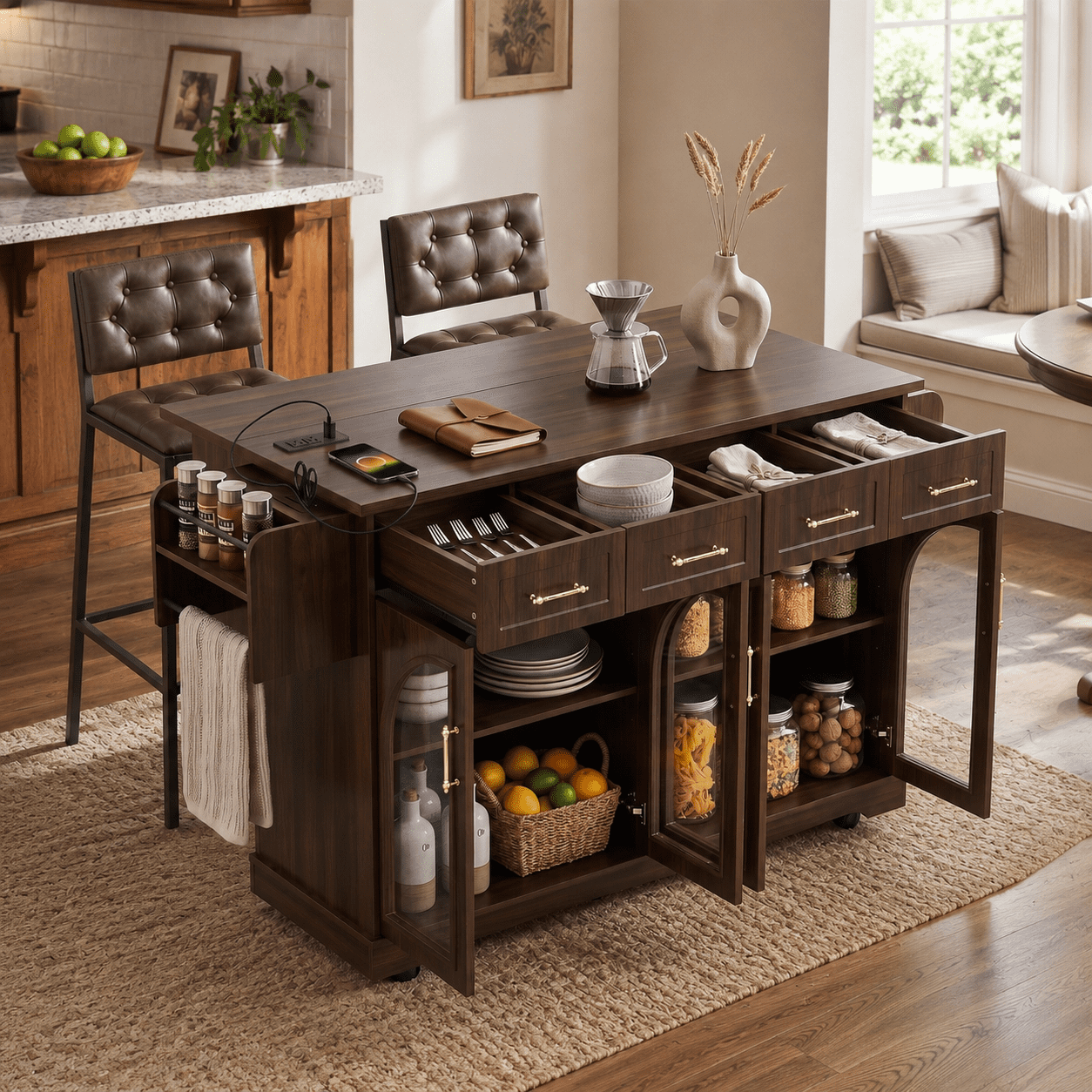 Homy Casa 65.2" Kitchen Island with Storage, Drop Leaf, Power Outlet and Arched Glass Doors, Walnut Brown