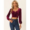 thumbnail image 4 of Top recortados con junta tórica para mujer Blusa de terciopelo de manga larga con cuello en forma de corazón Vino rojo M, 4 of 5