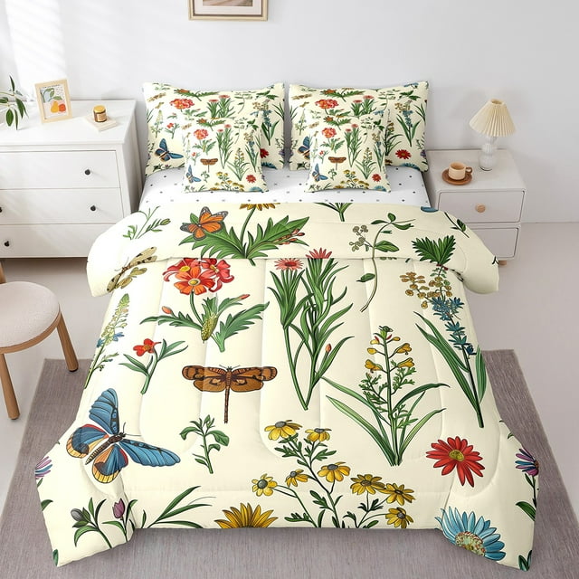 Dragonfly Butterfly Ensemble de Literie Tout-en-un Simple 7 Pcs, Ensemble de Couette Fleurs de Jungle Feuilles Vertes Réversible Design Rustique Animal, Ensembles de Literie Doux et Respirants avec Couette, Draps, Taies d'Oreiller et Couvre-Oreillers