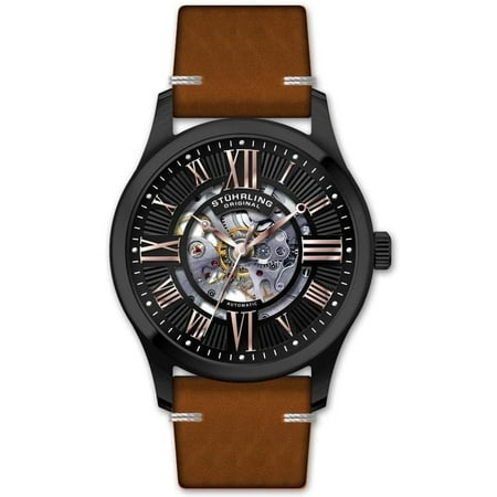Stuhrling Original Men's Automatic Skeleton Brown Leather Strap Watch