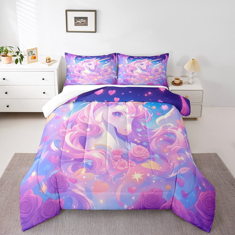 Unicorn Twin Bedding Set,Purple Unicorn Comforter Set,Romantic