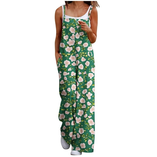 yoeyez Plus Size Jumpsuits for Women,Womens Flower Printed Long Rompers Sleeveless Adjustable Straps Backless Playsuits Overalls With Pockets Multicolor,S