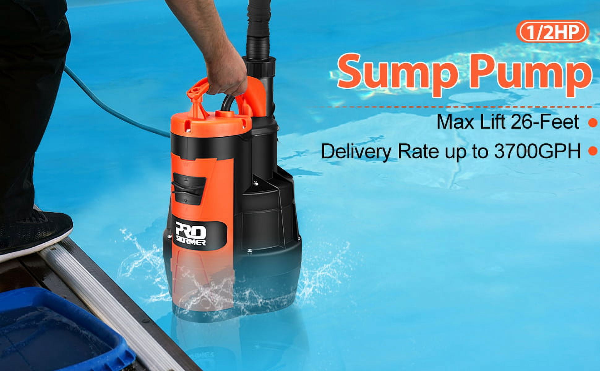 PROSTORMER 1/2HP Sump Pump, 2110GPH Sumbersible Water Pump, Portable Electric Pump with Build-in Float Switch for Crop Irrigation, Flooded Cellars, Courtyards and Pool Drainage