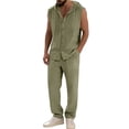 thumbnail image 5 of VBTAPA Cotton Linen 2 Piece Sets for Men Button Down Sleeveless Hoodie Shirts and Pants Lounge Matching Set Loose Fit Casual Vacation Outfits Army Green XL, 5 of 9