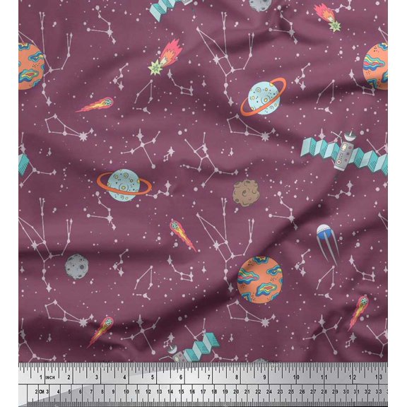 Soimoi Silk Fabric Star,Satellite & Planet Galaxy Fabric Prints by Yard 42 Inch Wide