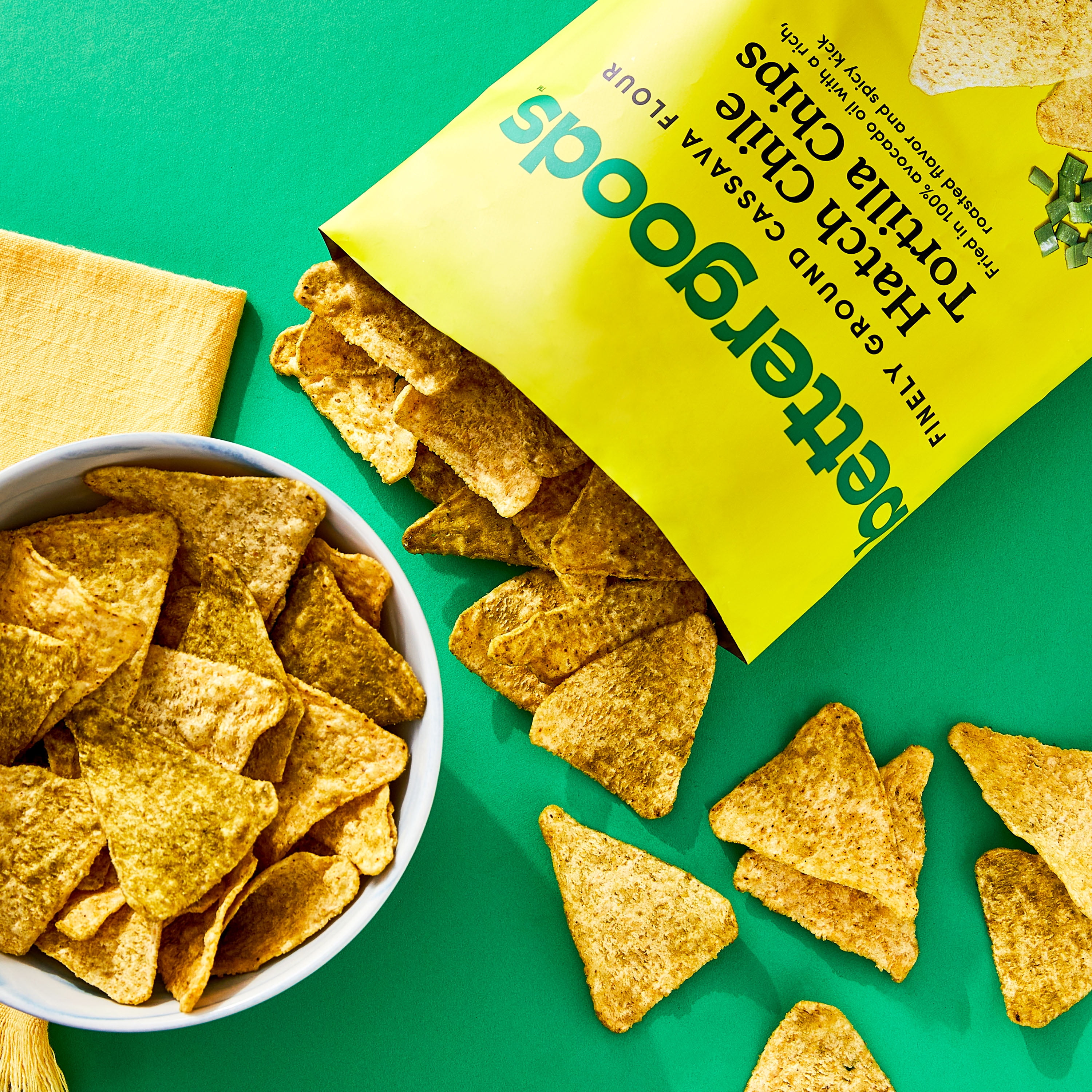 (4 pack) bettergoods Finely Ground Cassava Flour Hatch Chile Tortilla Chips, 10 oz