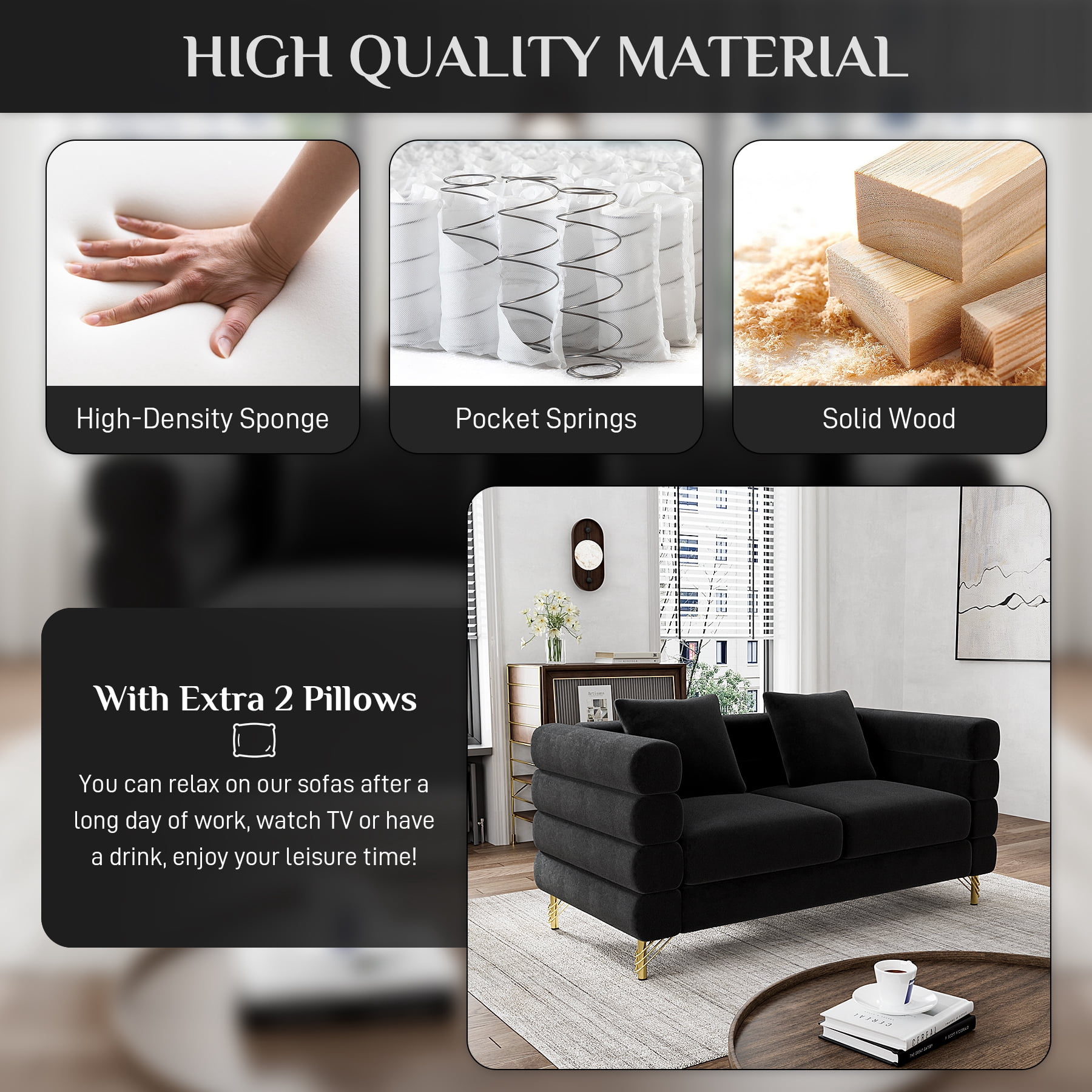 Wiilayok 59" Velvet Cloud Couch, 2 Seater Deep Seat Sofa Couches with Gold Legs,Pillows,Modern Loveseat Sofa for Living Room Bedroom Office Apartment,Black