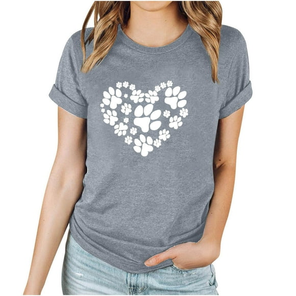 Short Sleeve T-shirts for Women with Love Heart & Dog Cat Paws Prints Summer Casual Base Tee Tshirts Crewneck (L, Gray)