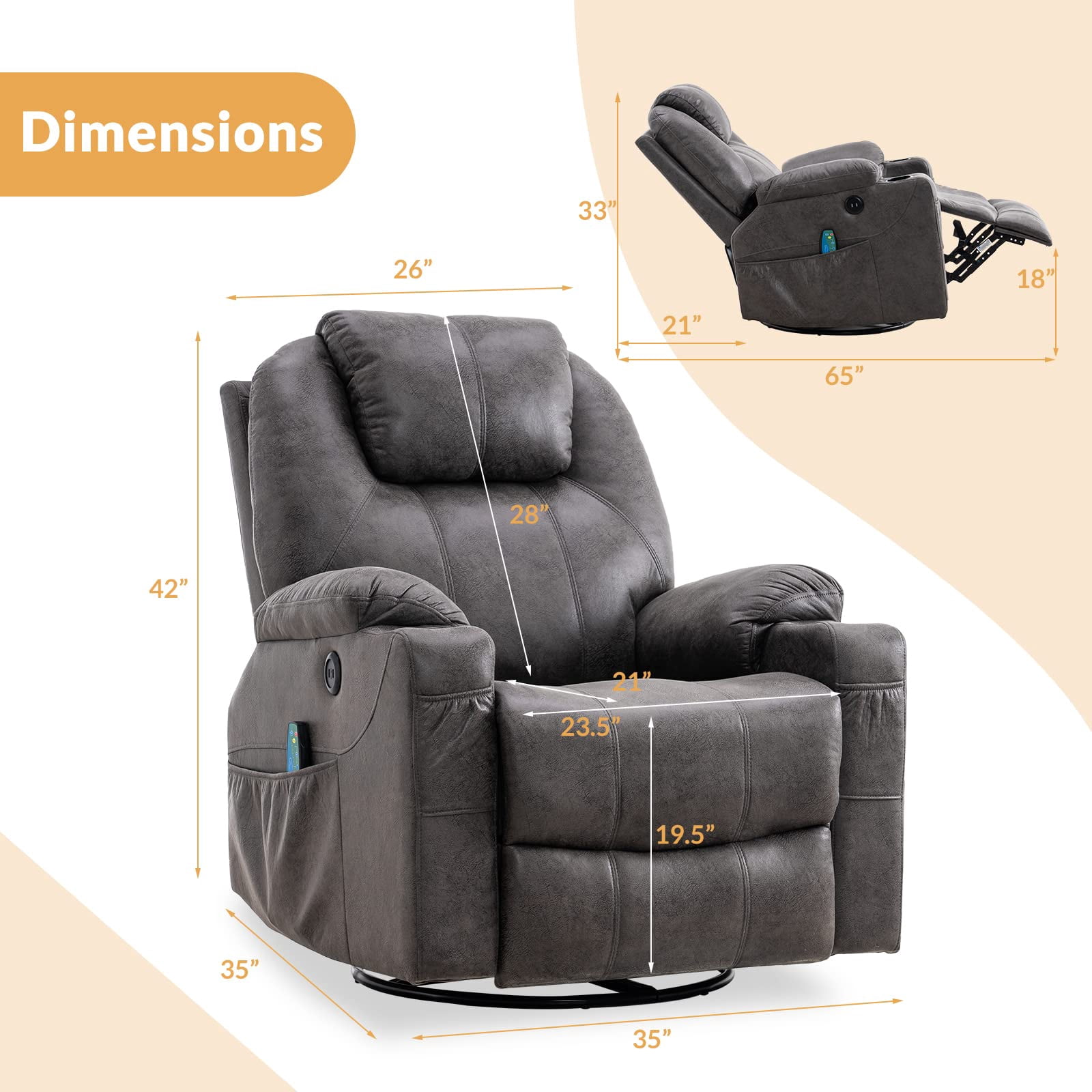 W WARMHOL Swivel Rocker Recliner Chair - Manual Glider Rocking Recliner Chair with Heated Massage Ergonomic Lounge Reclining Chair with 4 Pockets/Cup Holders/Remote Control/USB Ports (Gray)