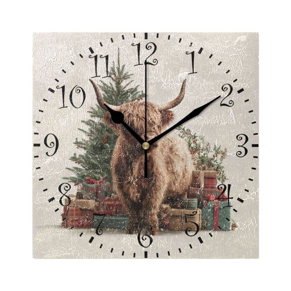7.78in Square Artistic Wall Clock Dual-Purpose Tabletop & Hanging Decor Silent Non-Ticking Clocks for Home Office Cow and Christmas Gifts