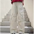 thumbnail image 5 of AherBiu Cargo Pants for Girls Kids Teens Elastic High Waisted Straight Wide Leg Baggy Loose Hiking Pants with Multi Pockets(9-10Years,Beige-01), 5 of 7