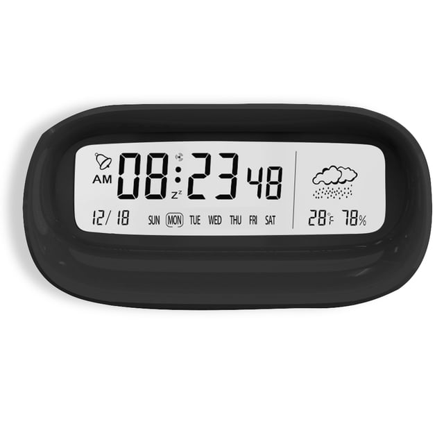 Wosthever Reloj digital LCD Termómetro Mesita de noche Calendario Estación meteorológica Alarma Hotel Funciona con pilas Relojes silenciosos Negro Cocina y Comedor Negro Wosthever HA010815-01B