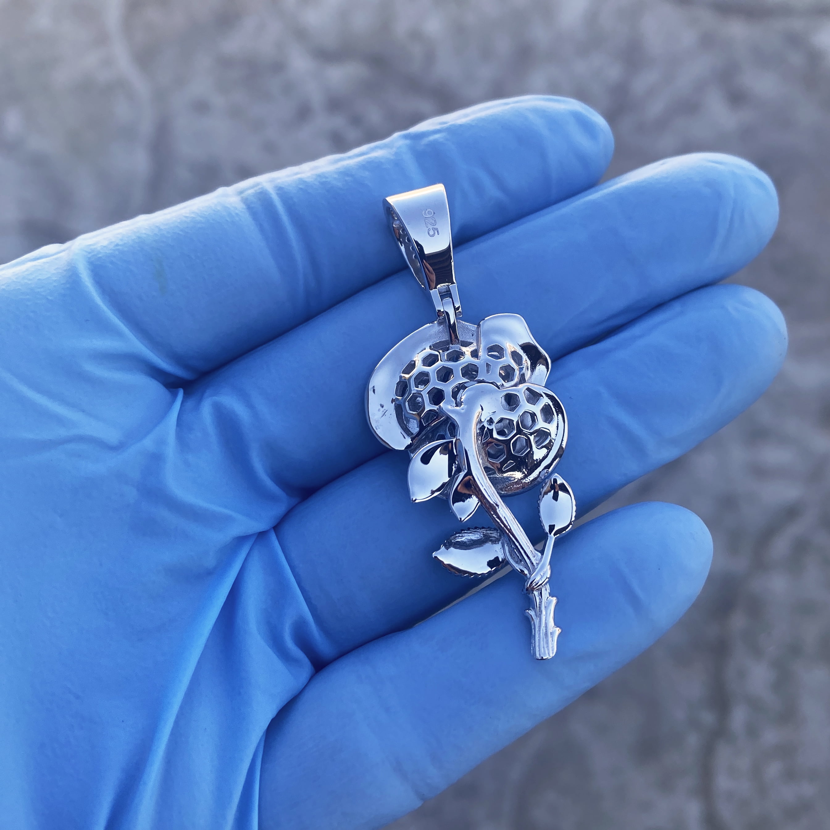 Real Solid 925 Sterling Silver Rose Flower Iced Pendant Bling Out Hip Hop Charm