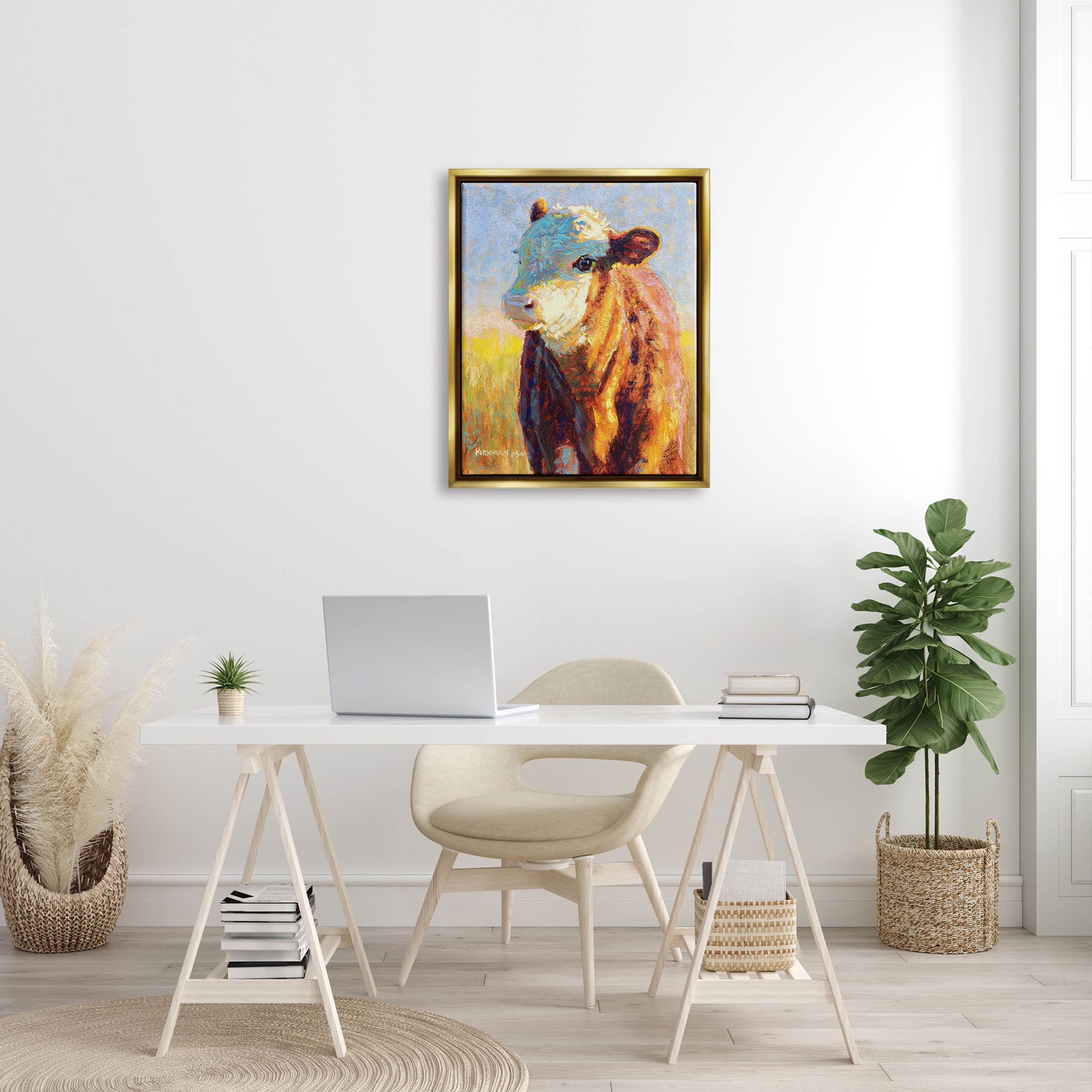 Modern Cow Portrait Impressionism Animals & Insects Painting Metallic Gold Framed Art Print Wall Art