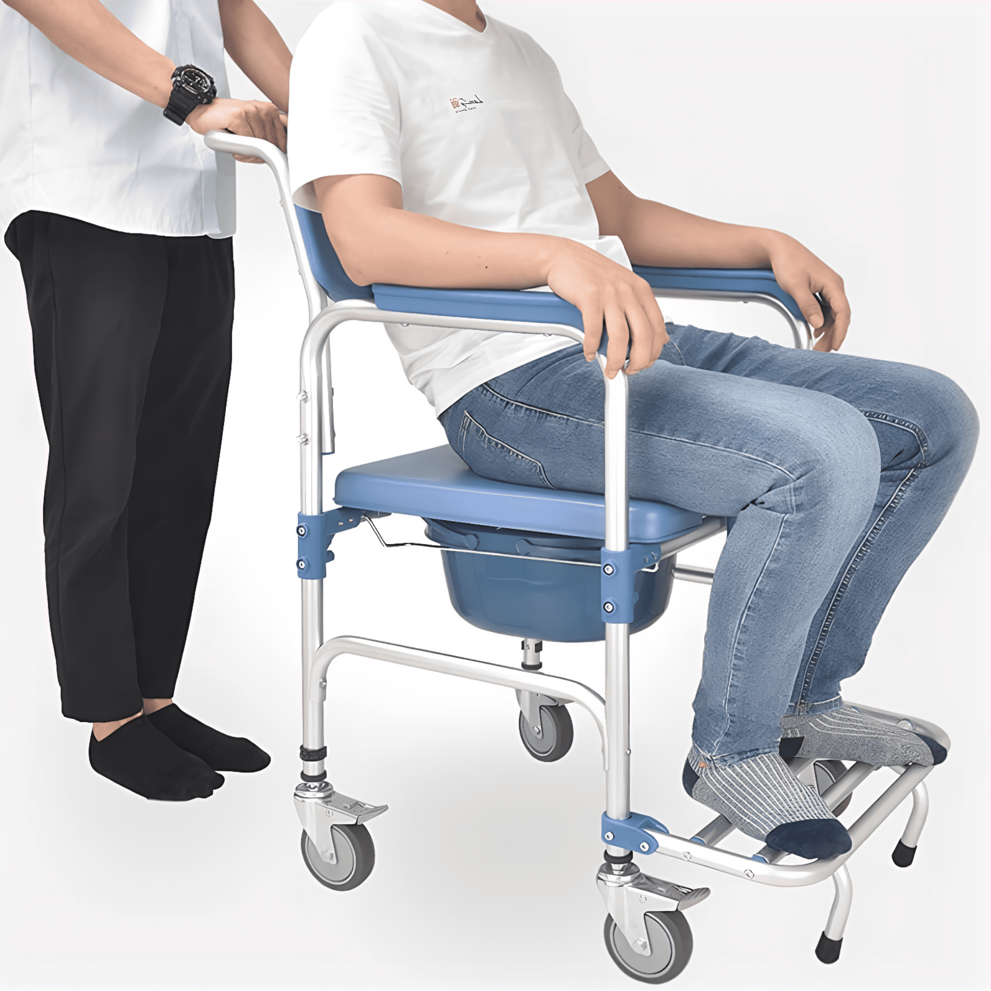 Qunbio Rolling Shower Chair, 330 lbs Load Bedside Commode w/Casters and Padded Seat, Rolling Transport Chair Lockable Wheelchair Bedside Toilet Seat