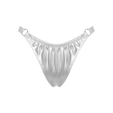 Zaldita Women s Shiny Metallic Low Rise G-String Thong Latex O-ring Micro Panties Briefs Clubwear Silver M