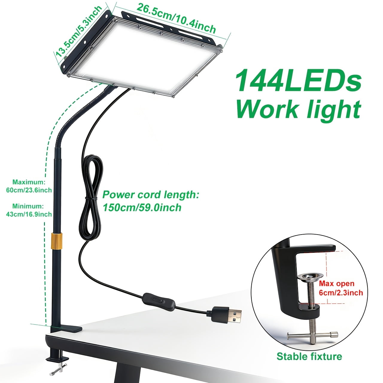 Clamp-Style USB LED Workbench Lamp, 144/96 White Light Beads, 6000K Daylight White, Adjustable Height & Angle, USB Plug with Switch, 59.06inch Power Cord, Plug-and-Play for Office Workshop Lighting
