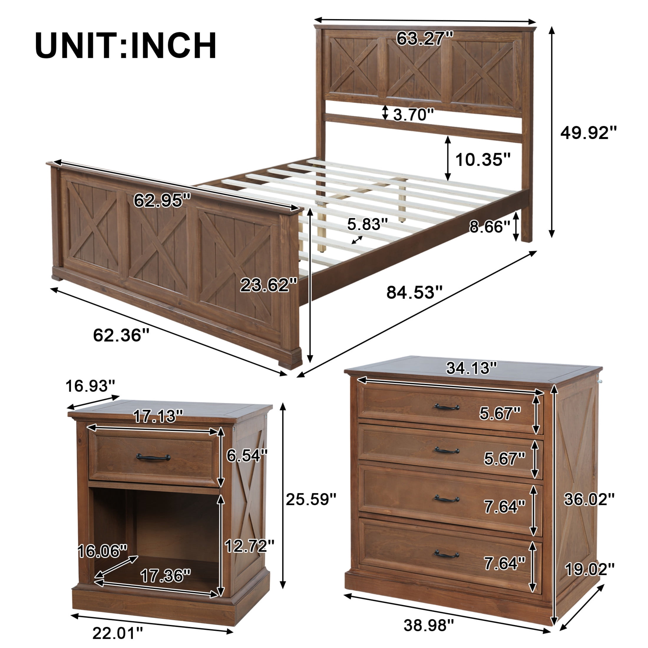 Noble House 4 Piece Queen Bedroom Set with Platform Bed, 2 Nightstands and Dresser, Walnut