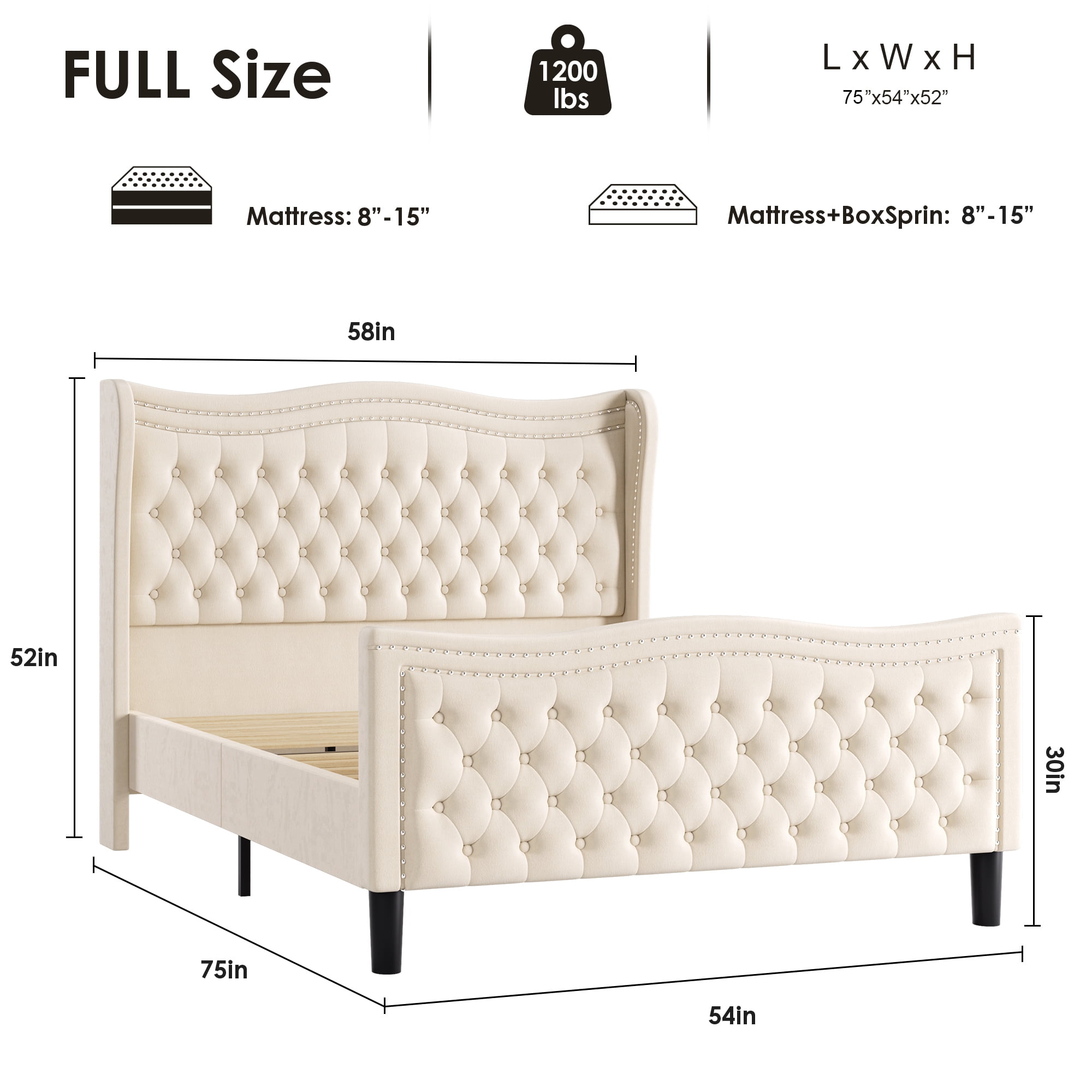 Gewnee Full Bed Frame with 52" Tall Headboard Velvet Upholstered Wingback & Rivet Decor Platform Bed Frame, Beige