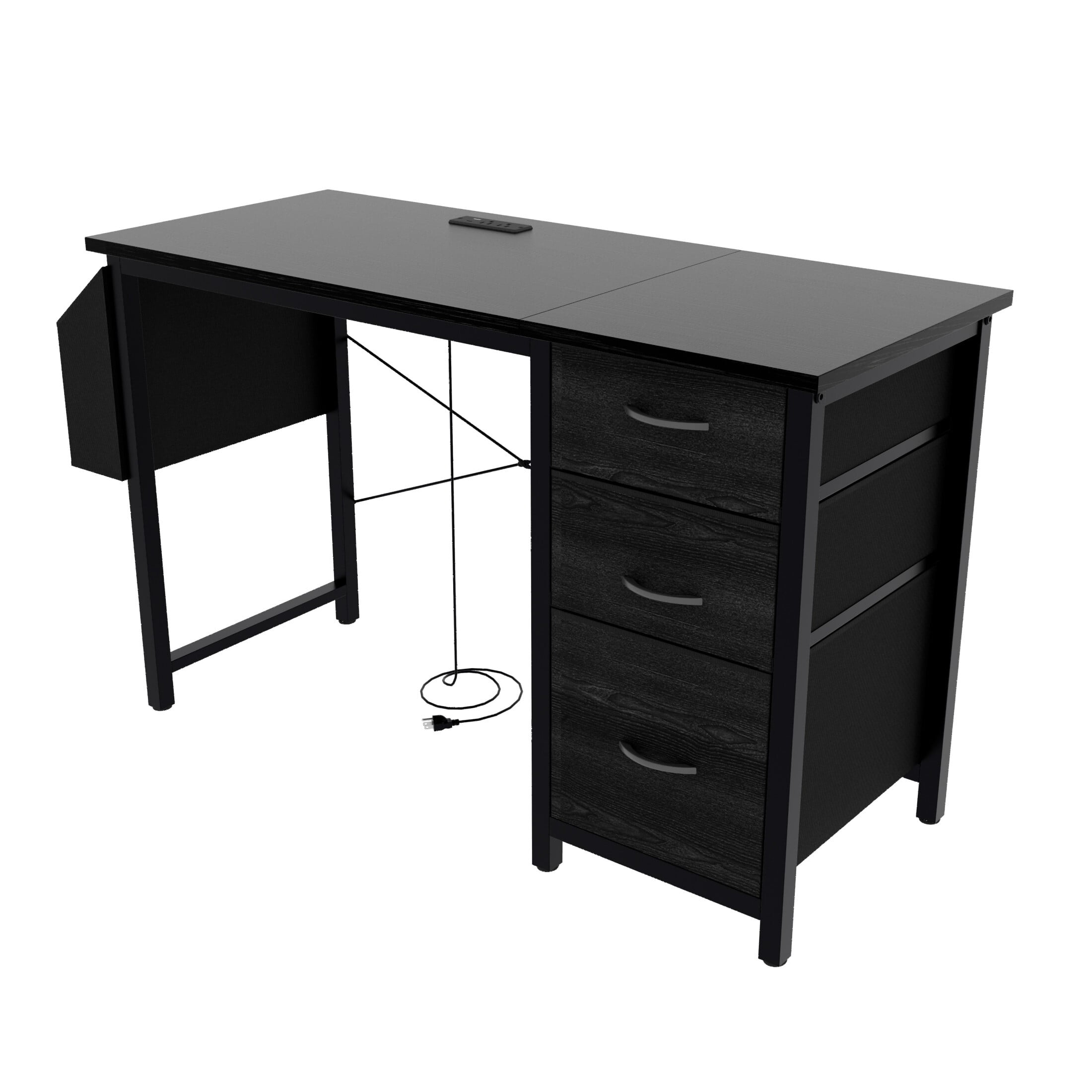 DEALTOPS Computer Desk with Power Outlets, Office desk with Reversible Fabric Drawers and Side Pocket, Black