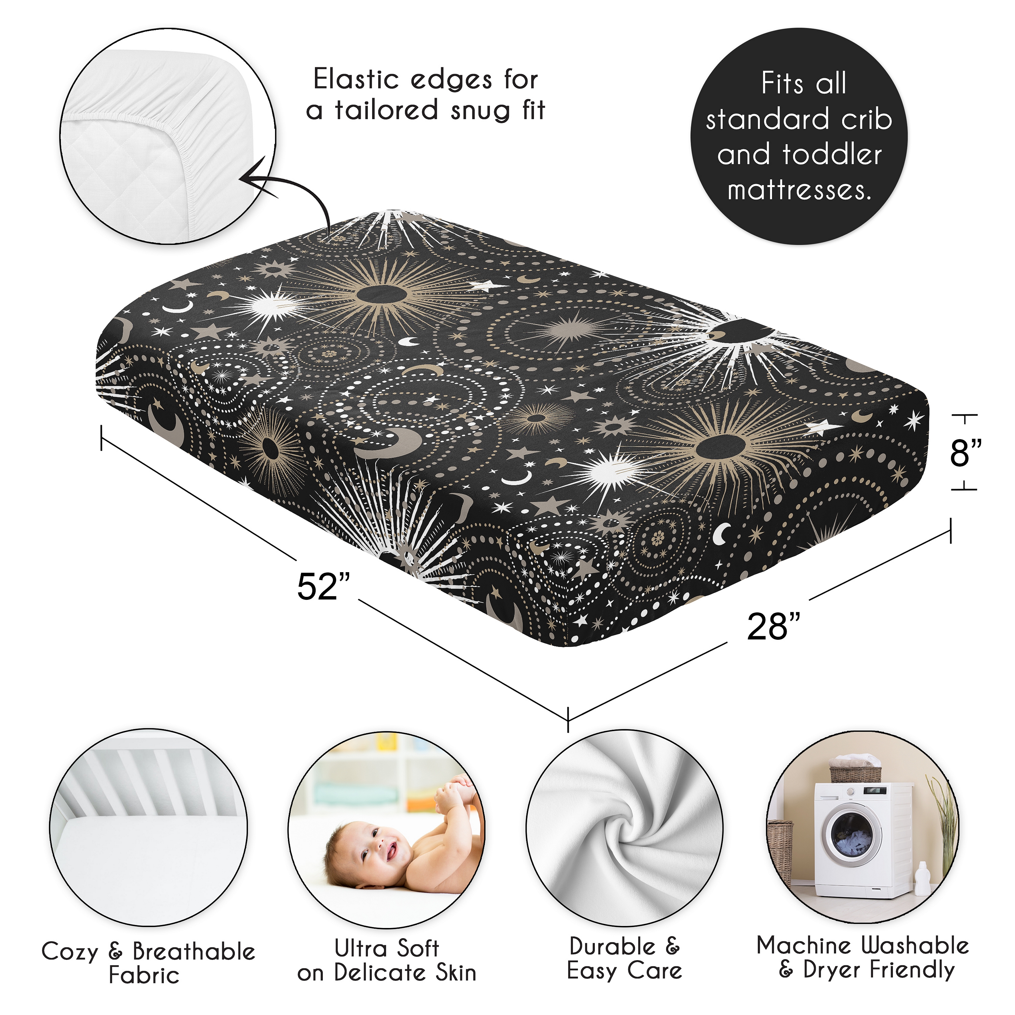Sweet Jojo Designs Celestial Moon and Stars Black and Gold Boy, Girl, Unisex/Gender Neutral Fitted Crib Sheet