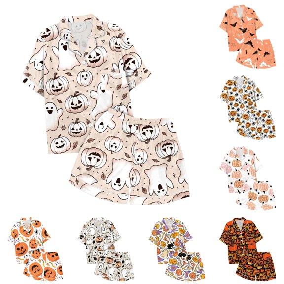 REDARER Kids Two Piece Sleepwear Set Lapel Button Short Sleeve Shirt Matching Shorts All Over Pumpkin Print Soft Casual Pocket PJs for Halloween Daily Loungewear Night Dress Up,10-11 Years