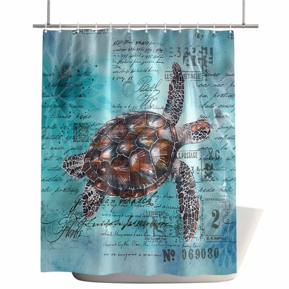 Shower Curtains for Bathroom-72"x72",Retro Watercolor Marine Sea Turtle Waterproof Bath Curtain Grommet Shower Curtain Set with Hooks,Ocean Life on Blue Letter Back Washable Bath Accessories