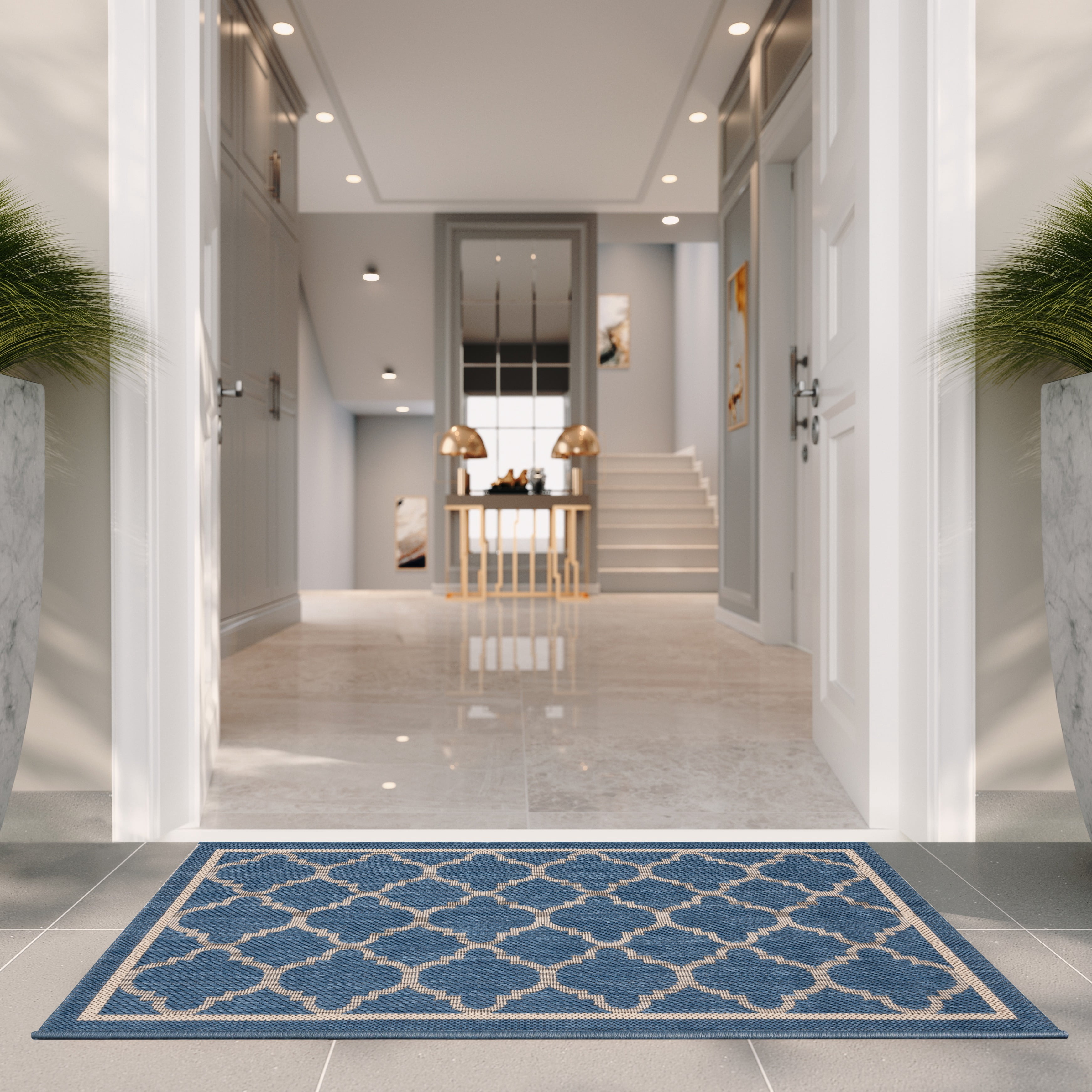 Safavieh Courtyard Alina Geometric Quatrefoil Indoor/Outdoor Area Rug, Blue/Beige, 4' x 5'7"