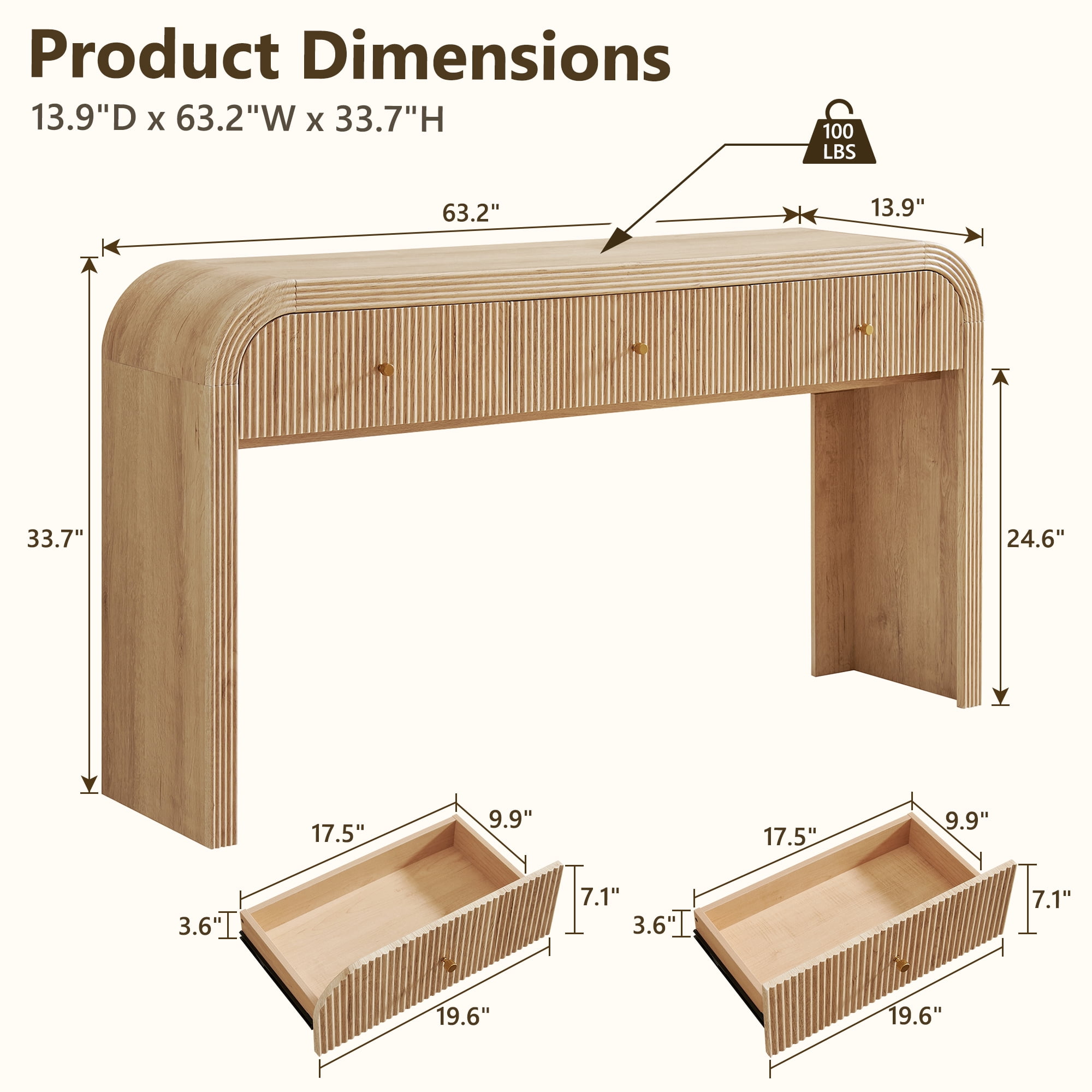 KeyWhat 63" Modern Fluted Console Table with 3 Drawers, Curved Edges & Anti-Tip Safety Kit