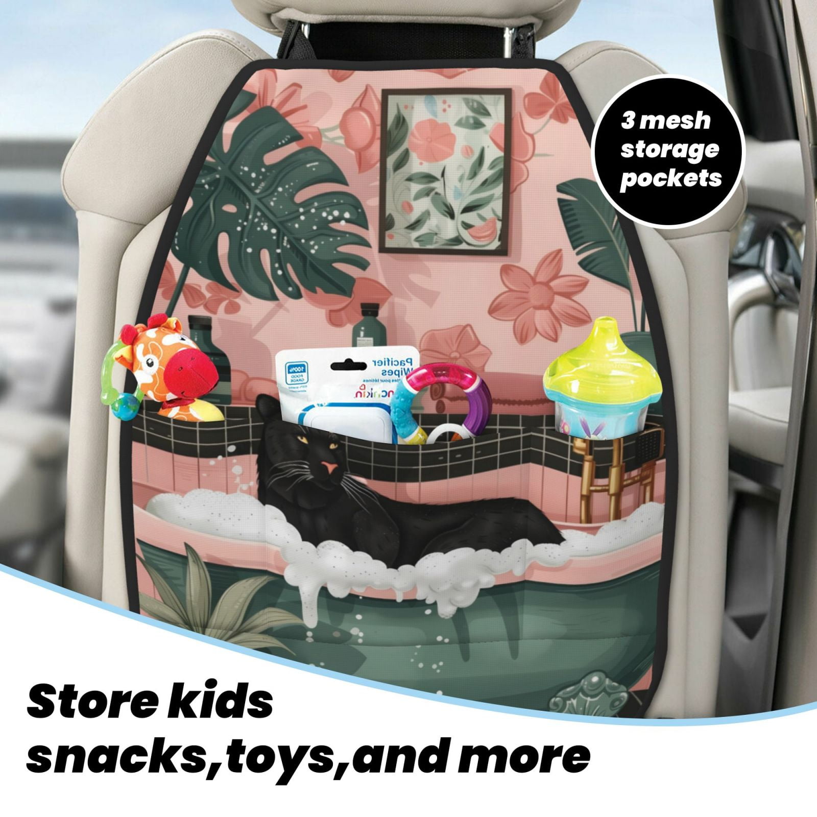 Kdxio Black Cat Pink Bathroom Print 2 Pack Car Kick Mat Seat Cover Back Protector Mat with Pockets for Organizer Backseat Protector and Storage Anti Kick Pad for Vehicles