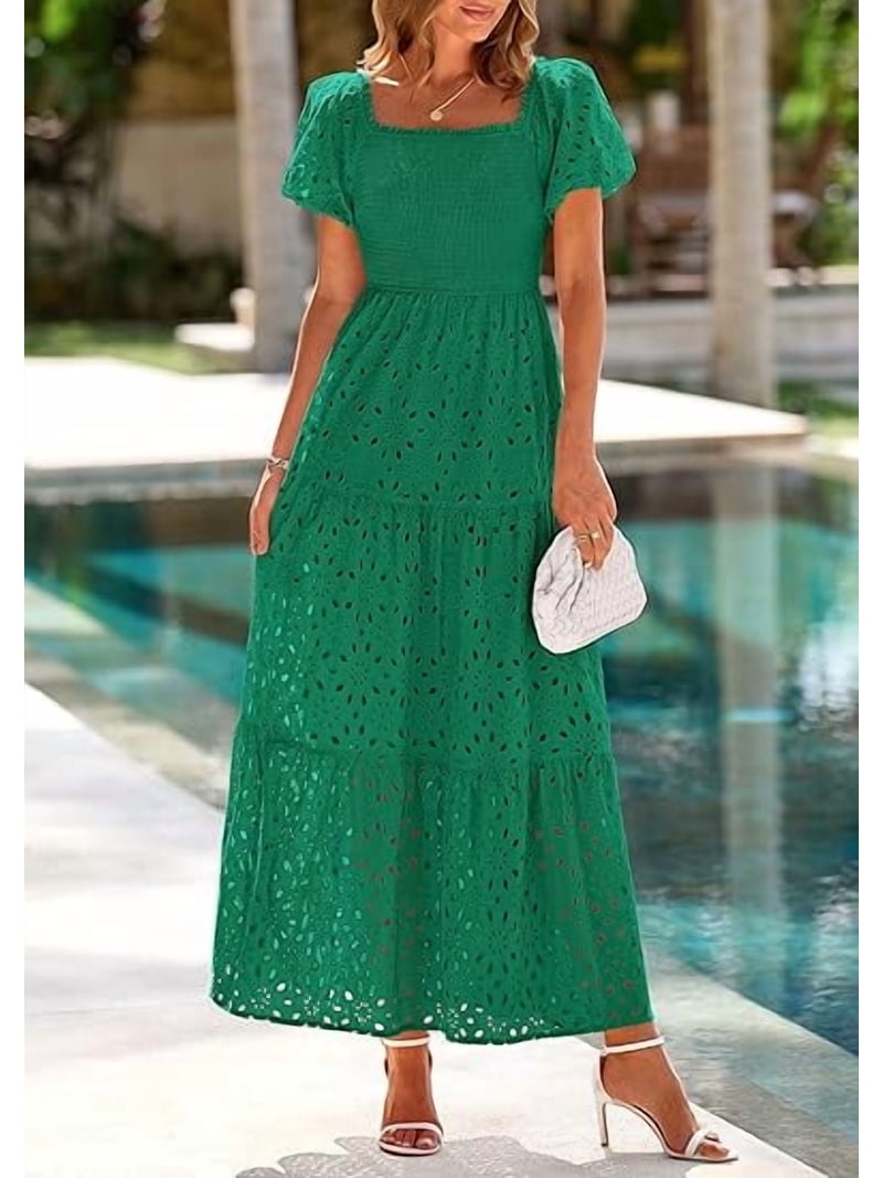 Prettygarden Summer Dresses for Women Eyelet Square Neck Puff Sleeve Smocked Wedding Guest Maxi Dress with Pockets, Women's, Size: Large, Green