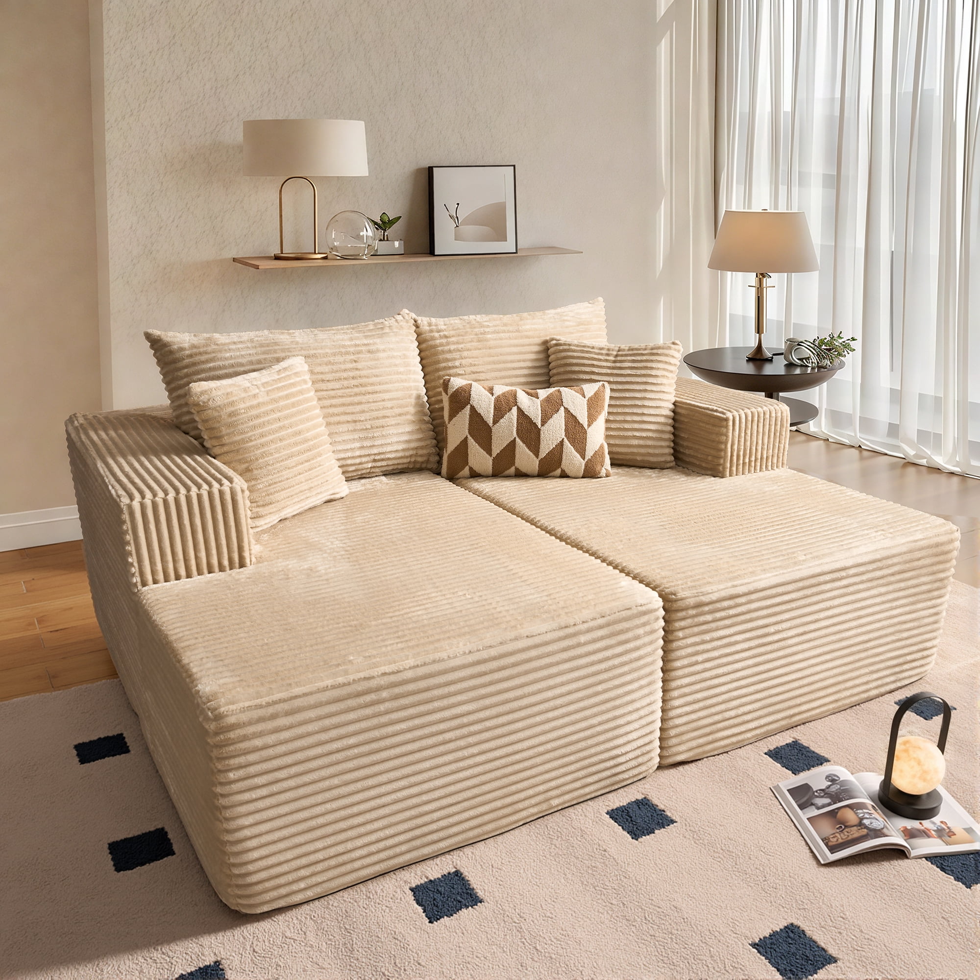 Vcatnet 75"x62" Modular Sectional Sofa Couch Plush Corduroy Chaise Lounge Loveseat Sofa Bed Oversized Upholstered Sleeper Sofa for Living Room and Bedroom, Beige