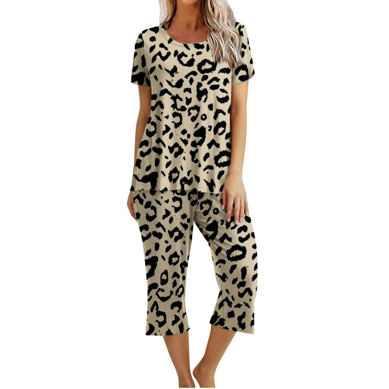 YYDGH Women s Sleepwear Capri Pajama Sets Short Sleeve Two Piece Pjs Crew Neck Lounge Sets Tops Capri Pants with Pockets Brown XL Walmart