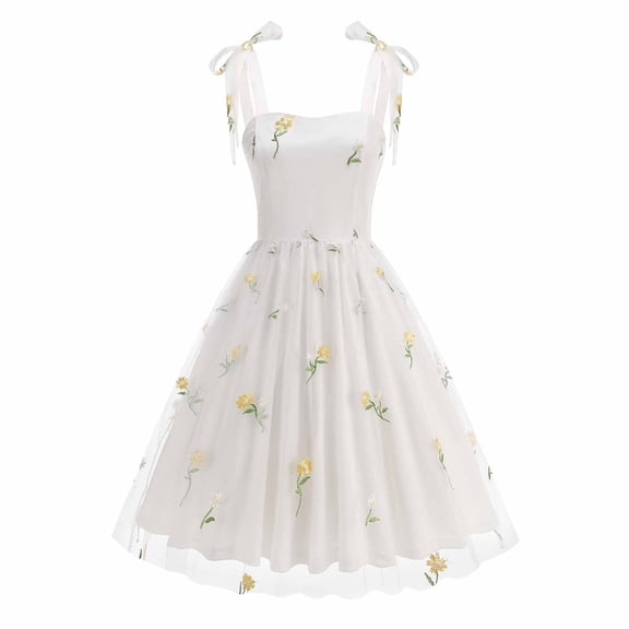 QUNYINEY A Line Sundresses for Women Beach Sleeveless Formal Summer Floral Midi Dresses Embroidered Square Neckline Flowy Loose Fit Slip Dress