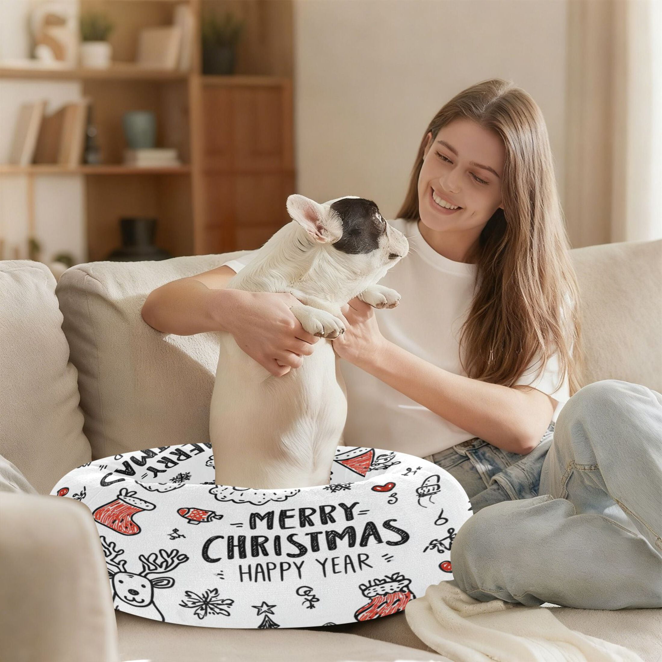 Iauyy Pet Couch Donut Cat Bed for Indoor Cats/Small Dogs Washable & Machine with Non-slip Bottom Calming Cat Furniture, New Year's Greeting Icon (M)