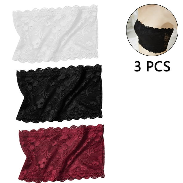 3pcs Women's Lace Bandeau Full Floral Lace Tube Bra Top Strapless Seamless  Stretchy Bandeau, Lace Chest Wrap Non-Padded Bandeau Black, White, Apricot  