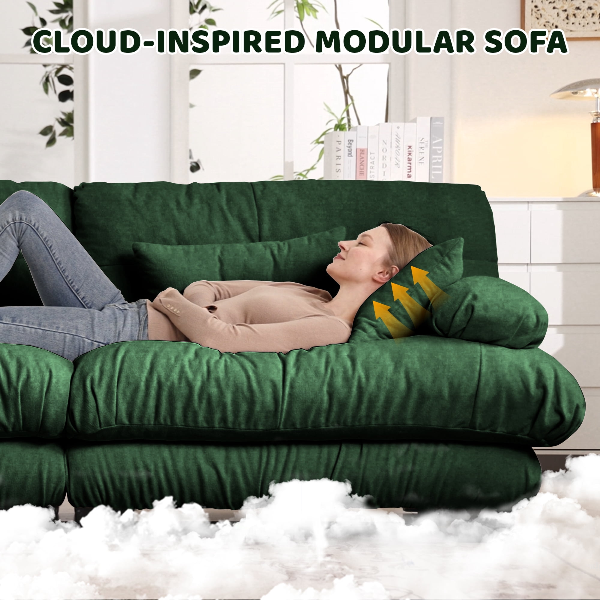 Alvantor 94" Modular Sectional Sofa with Convertible Ottomans, Chenille L-Shaped Cloud Sofa 2 Seat Oversized Couch for Living Room Green