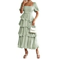 thumbnail image 3 of Women'S Summer Boho Maxi Dress Short Puff Sleeve Flowy A Line Tiered Beach Vacation Long Dresses Green S, 3 of 7