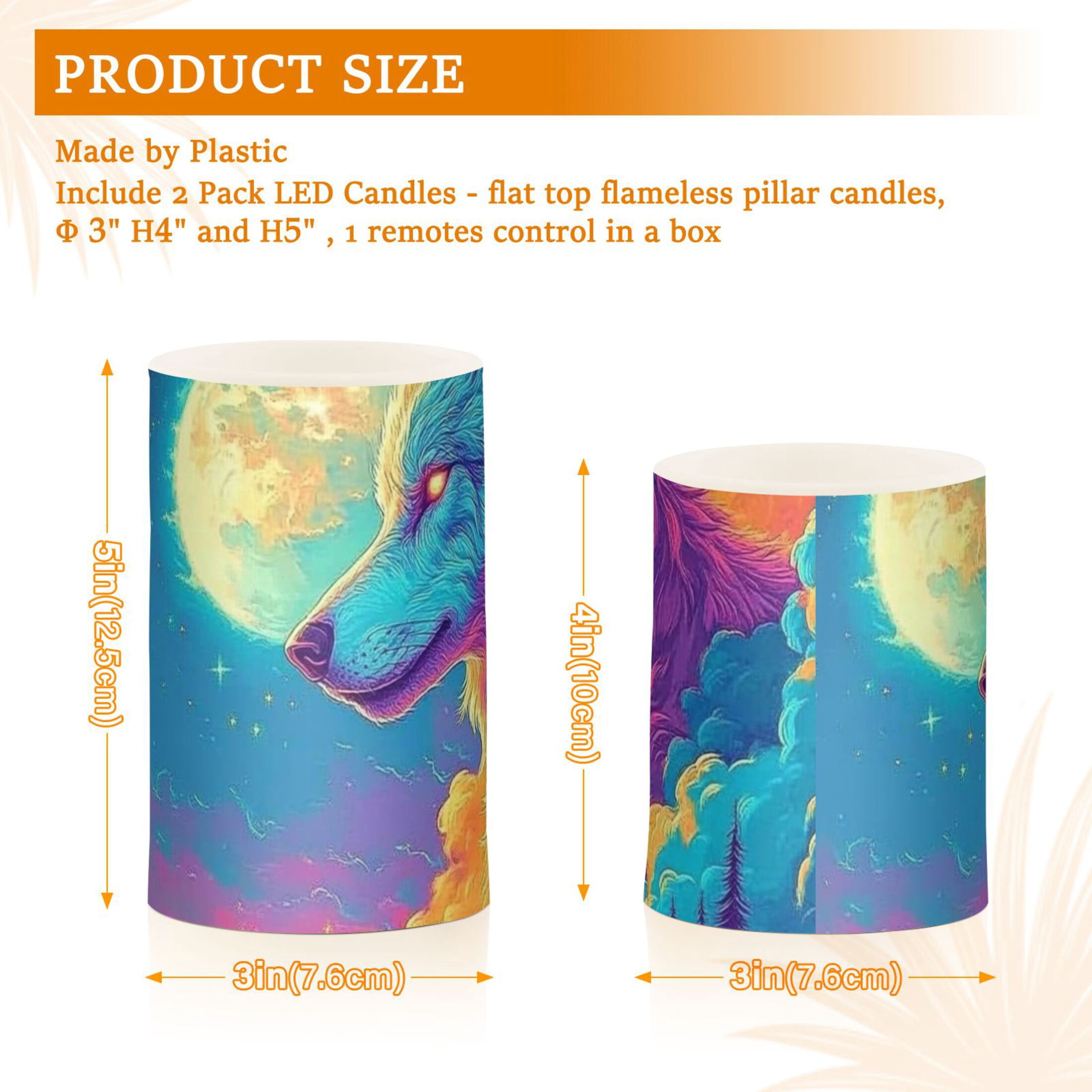 . Colorful Wolf in Clouds Flickering Flameless Candles Battery Operated with Remote Timer LED Pillar Candles Set of 2