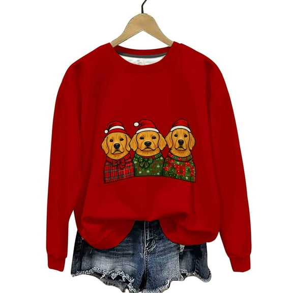 asdoklhq Christmas Sweatshirts for Womens Maple Leaf Print Oversized Sweatshirts Fall Long Sleeve Sweatshirt Red 3X