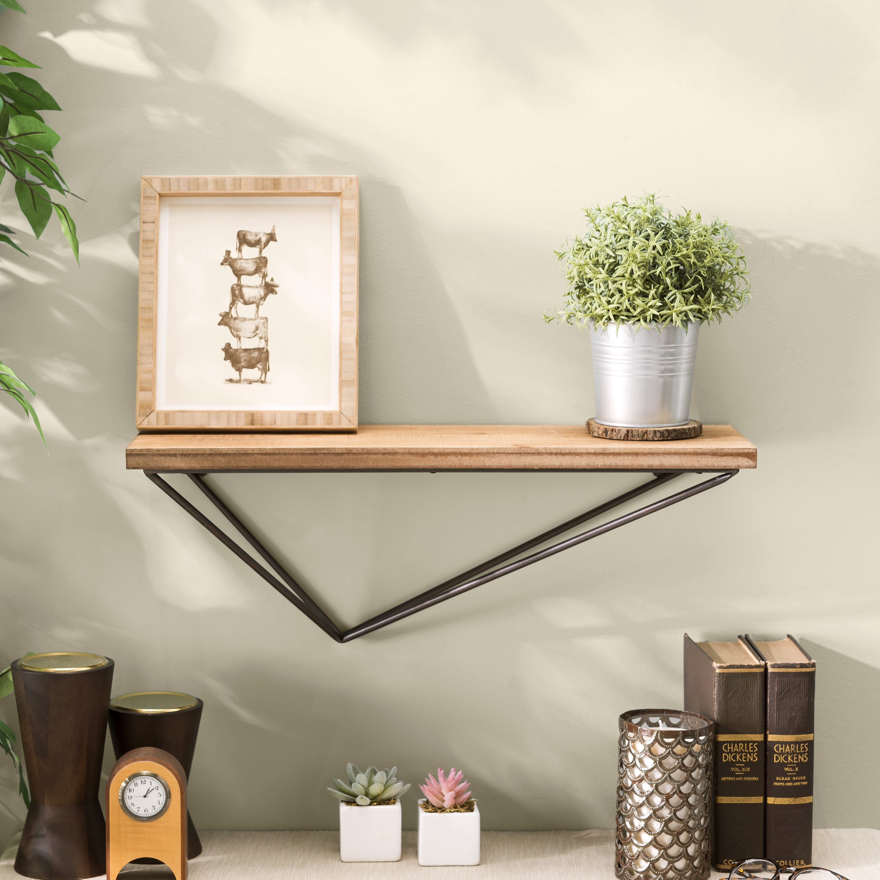 Danya B. Rustic Wall Mount Pine Wood Floating Display Shelf with Diamond-Shaped Asymmetrical Iron Bracket