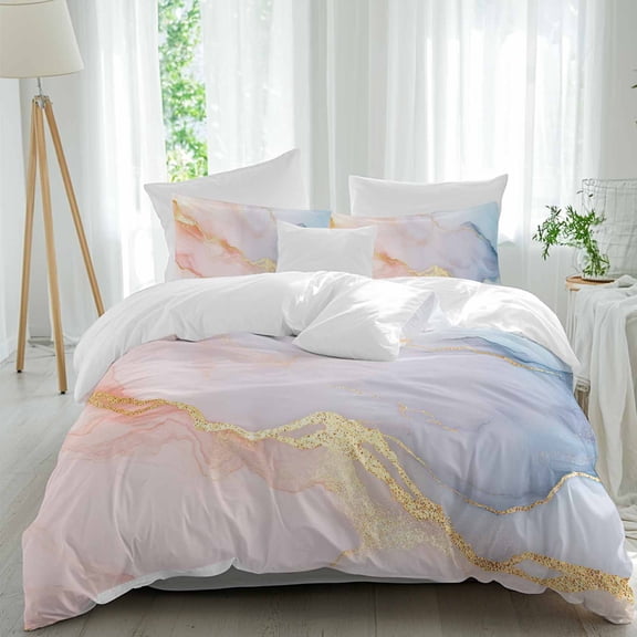 3 Piece Pink Blue Marble Duvet Cover Set Twin Size, Microfiber Comforter/Quilt Cover with Corner Ties and 2 Pillowcases, Ink Painting Modern Abstract All Season Soft Bedding with Zipper Closure