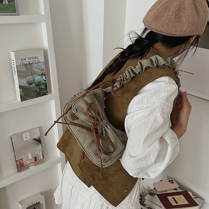 Canvas Pleated Bow Multi-Pocket Baguette Crossbody Shoulder Bag for Women and Girls, Minimalist Zipper Purse with Color-Block Stitching in Camo Green for Daily Commute