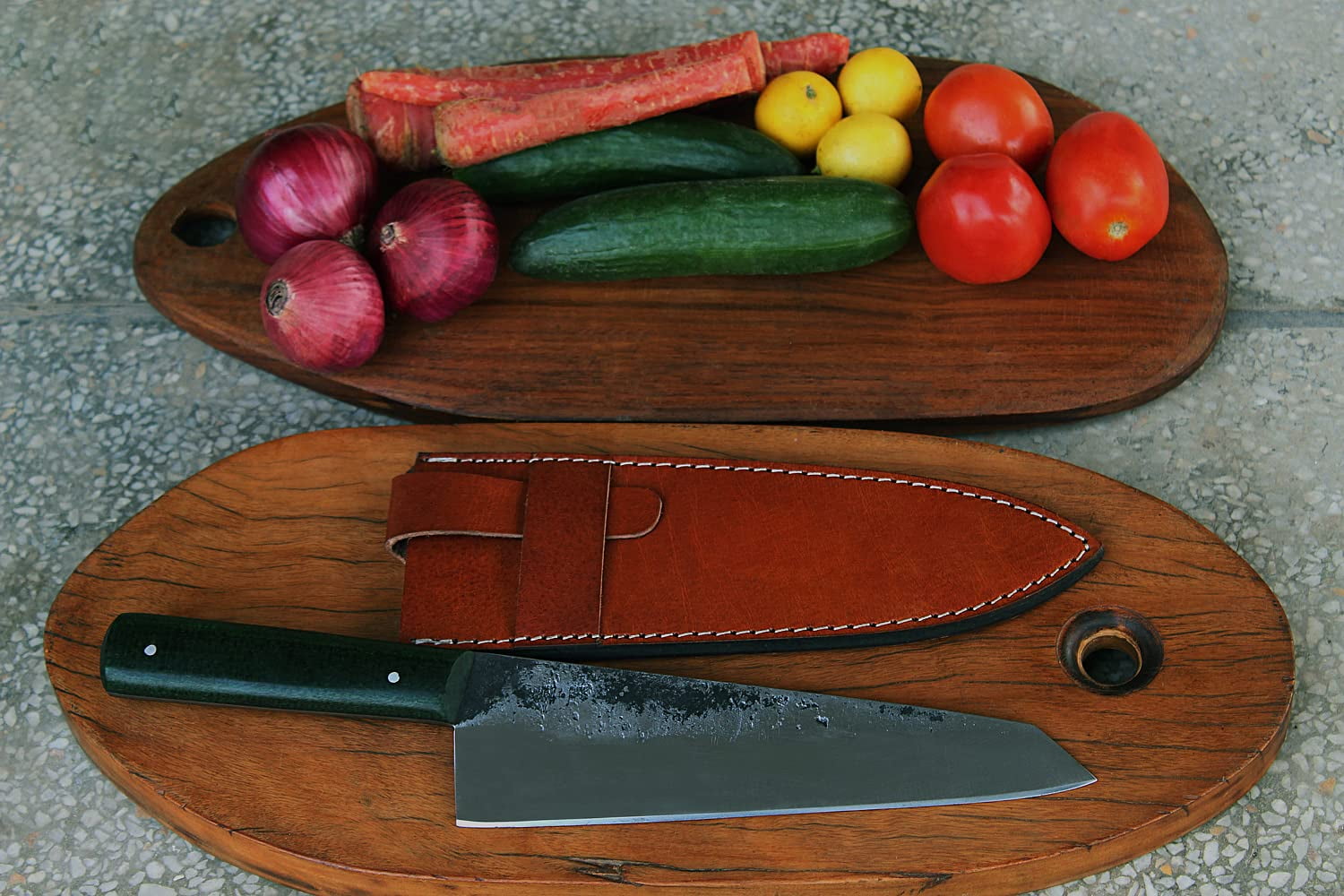 Almazan® Hand Forged Carbon Steel Tantra Chef Knife, Micrata Handle with Leather Sheath