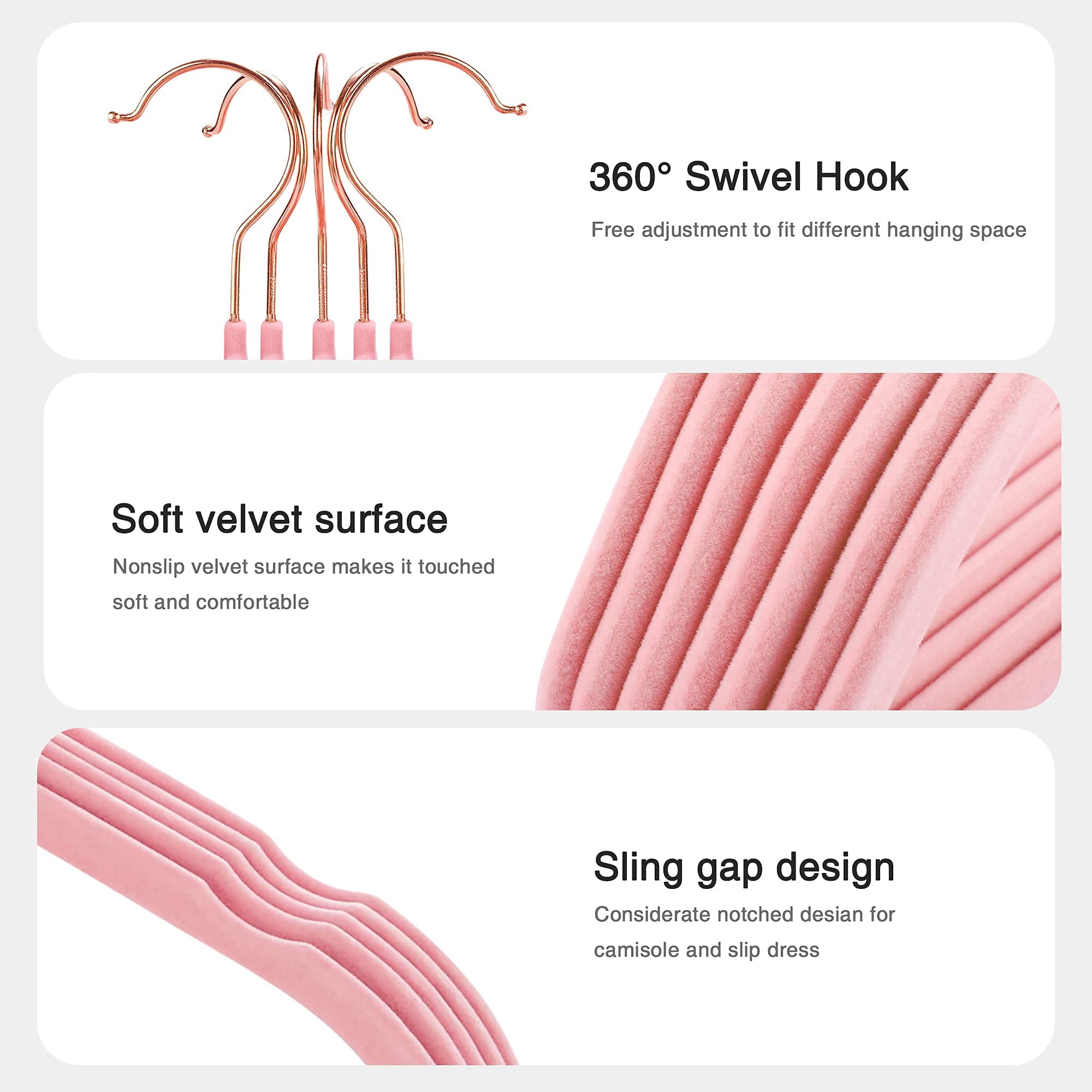 ACSTEP Velvet Clothes Hangers 60 Pack, Non-Slip Hangers with 360 Rotating Hook, Hangers for Clothes,Coat,Skirt,Pants, Pink